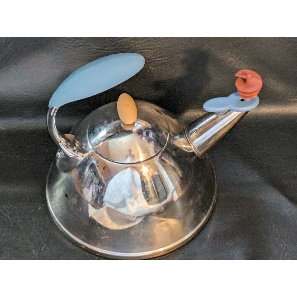 Vintage Alessi Michael Graves Chrome Silver Red Bird Blue Handle Teapot Italy